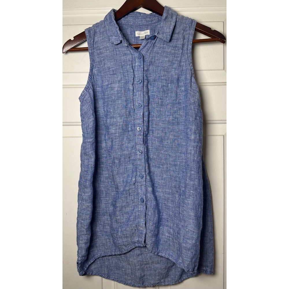 Garnet Hill Womens 4‎ Blue Chambray 100% Linen Sleeveless Button Down Shirt Top